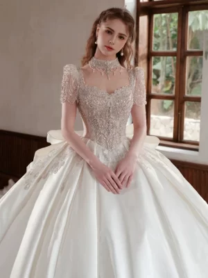 French Satin Princess Gown with Lantern Sleeves