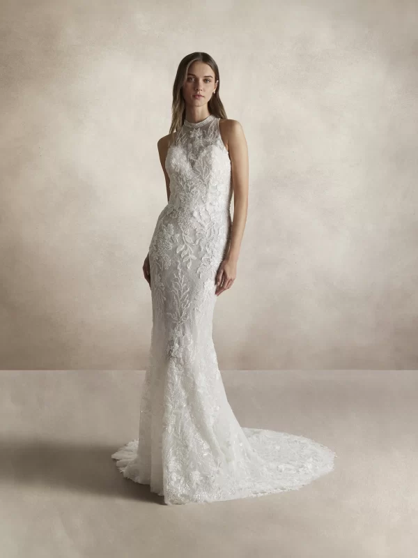 Lace Halter Column Wedding Dress